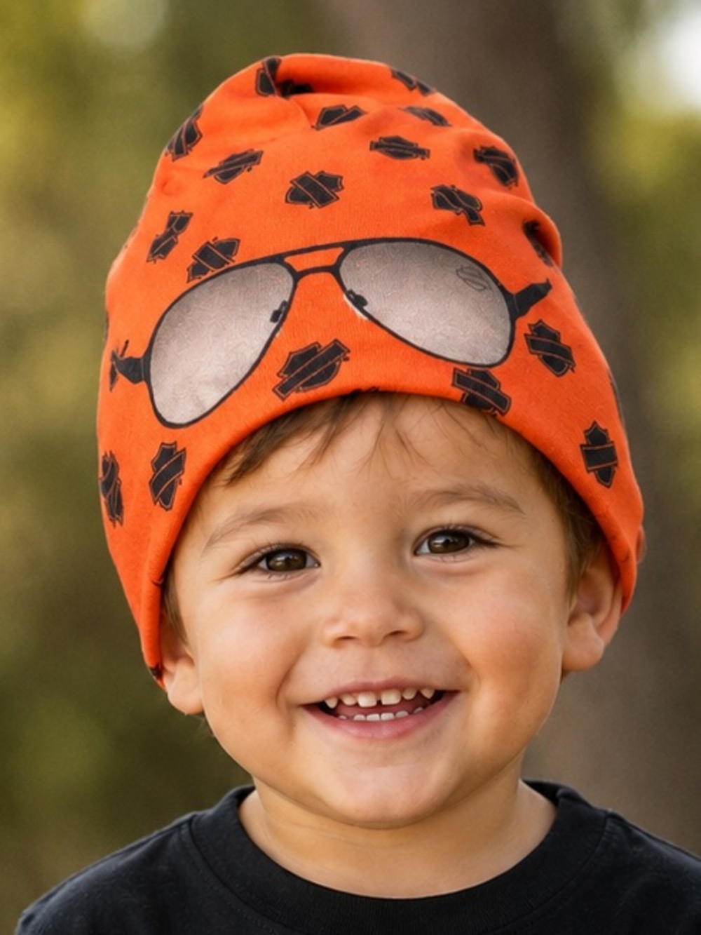 HARLEY DAVIDSON Orange Beanie Hat with Sunglasses Print-OS